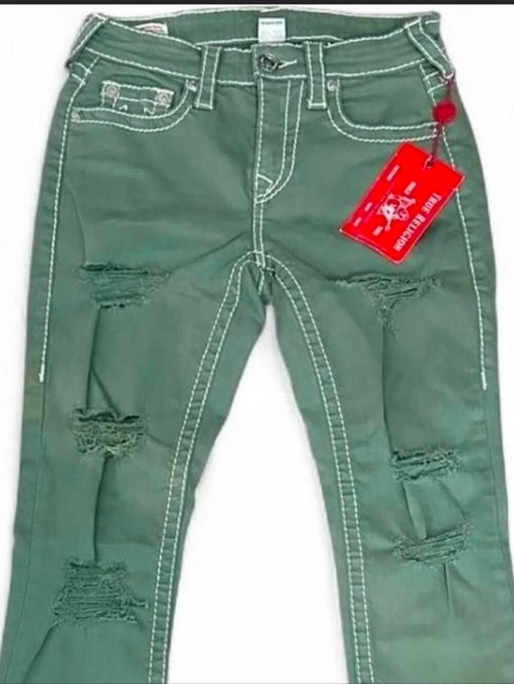 True Religion Size 27 Olive Green Distressed Skinny Jeans - Picture 1 of 8